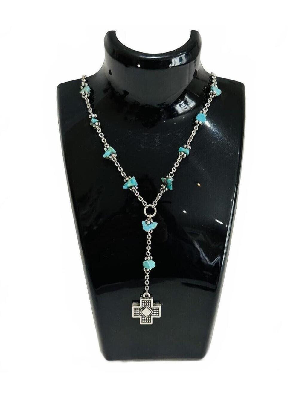 Vintage Napier Silver Tone Necklace with Turquoise Stones and Cross Pendant